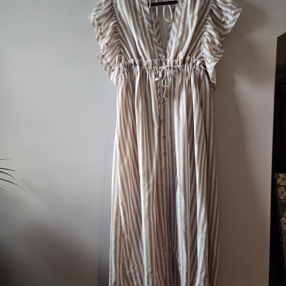 Aakaa Tan and White Striped Dress